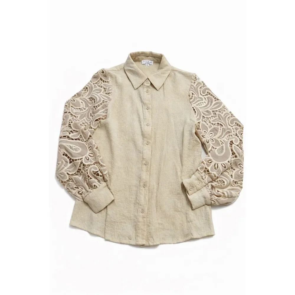 Current Air Cottage Core Beige Lacey Button Up Top Blouse Size XS